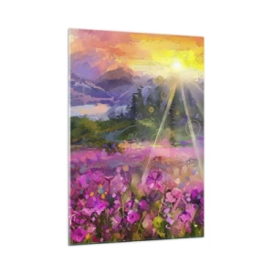 Quadro su vetro - Una pittoresca valle piena di fiori illuminata dai raggi del sole - 50x70cm - Nella valle sotto la cura del sole - Decorazione murale moderna per soggiorno e camera da letto ARTTOR
