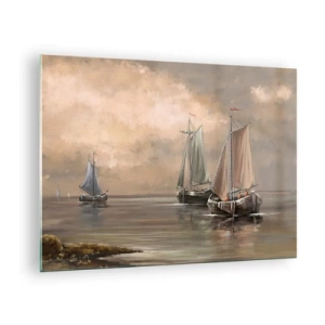 Quadro su vetro - Tre barche a vela su un mare calmo dai colori pastello - 70x50cm - Il ritorno dei marinai - Decorazione murale moderna per soggiorno e camera da letto ARTTOR
