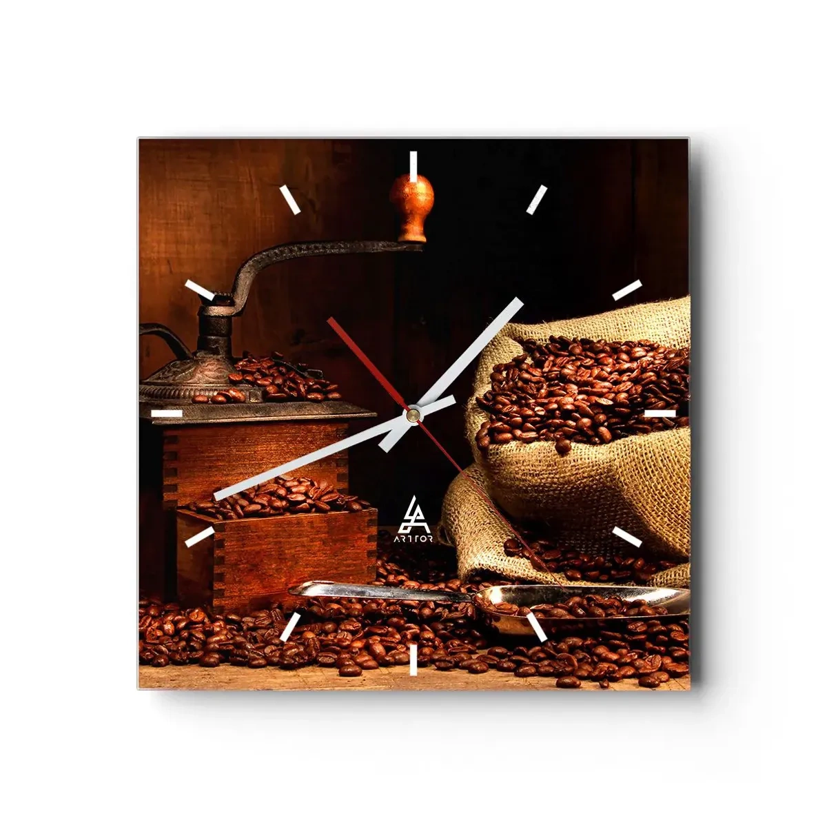 Orologio da parete - Orologio in Vetro - Un vecchio macinacaffè con chicchi e un sacchetto in stile rustico. - 30x30cm - Natura morta con chicchi di caffè e macinino - Decorazione murale moderna per soggiorno e camera da letto ARTTOR