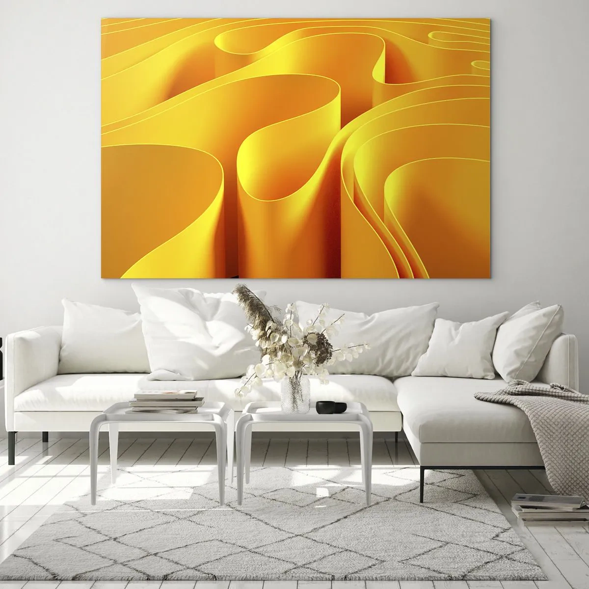 Quadro su vetro - Onde astratte nei toni dell'oro e dell'arancione - 70x50cm - Come onde di sole - Decorazione murale moderna per soggiorno e camera da letto ARTTOR