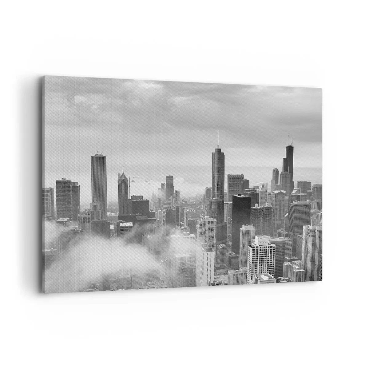 Quadro su tela - Stampe su Tela - Panorama della città con grattacieli tra le nuvole in bianco e nero - 100x70cm - Paesaggio americano - Decorazione murale moderna per soggiorno e camera da letto ARTTOR