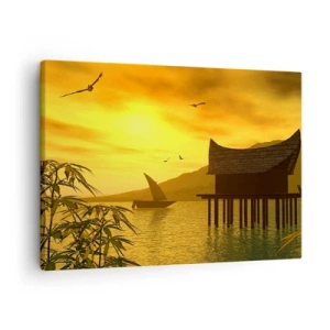 Quadro su tela - Stampe su Tela - Tramonto tropicale sull'acqua con casa in legno su palafitte. - 70x50cm - Calma desiderata - Decorazione murale moderna per soggiorno e camera da letto ARTTOR