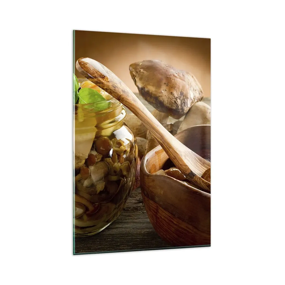 Quadro su vetro - Funghi naturali in un barattolo su un tavolo rustico - 80x120cm - Freschi, conservati, autunnali... - Decorazione murale moderna per soggiorno e camera da letto ARTTOR