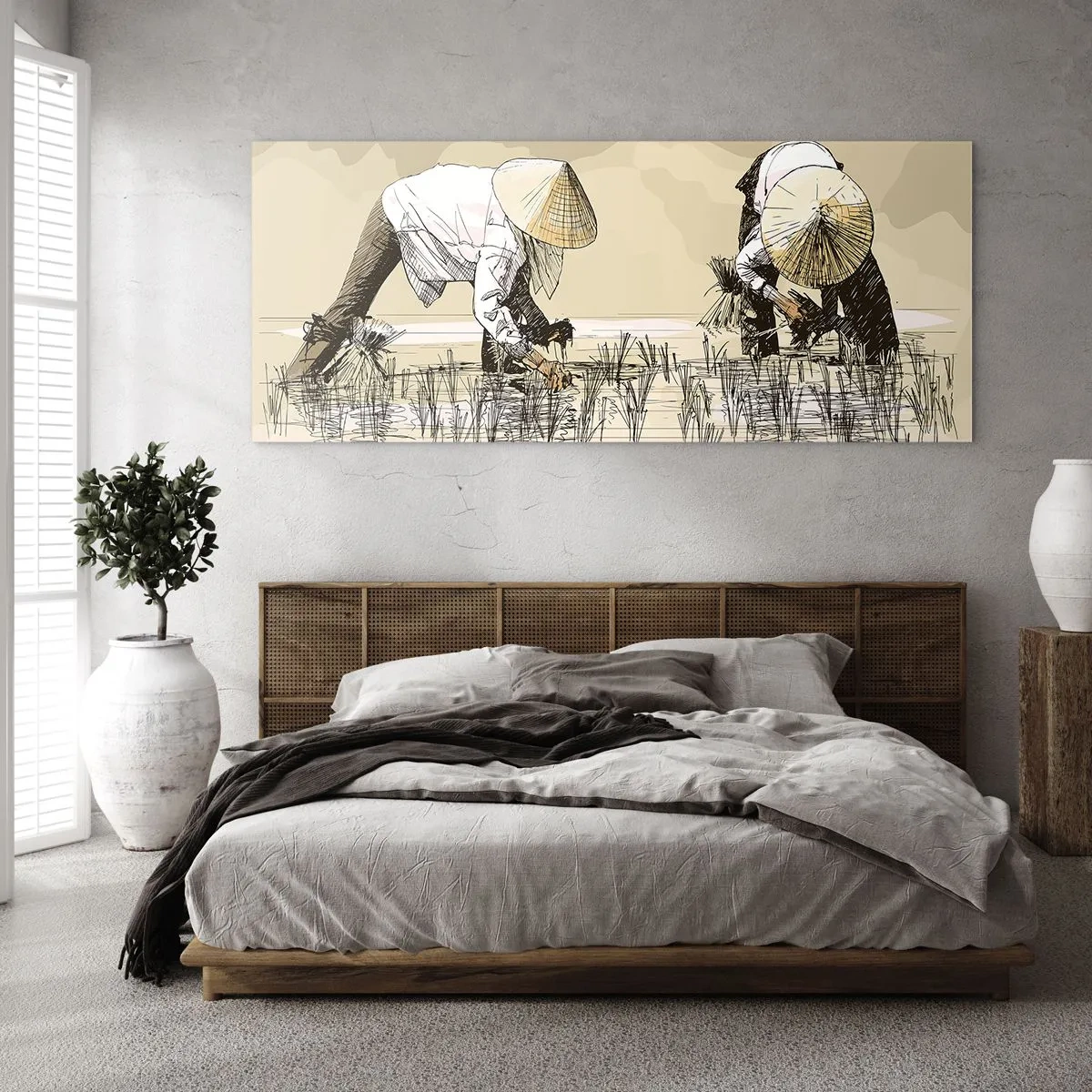 Quadro su vetro - Contadini che lavorano in una risaia indossando copricapi tradizionali - 120x50cm - Buon raccolto - Decorazione murale moderna per soggiorno e camera da letto ARTTOR
