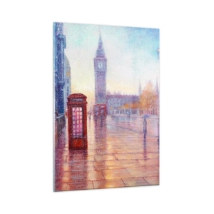 Quadro su vetro - Scena di Londra sotto la pioggia con il Big Ben e la scatola rossa - 50x70cm - Giorno d'autunno a Londra - Decorazione murale moderna per soggiorno e camera da letto ARTTOR