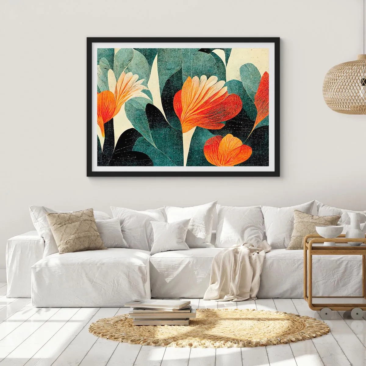Poster in cornice nera - Fiori dalle intense tonalità di arancione e verde - 100x70cm - Caldo dei tropici e fresco del verde - Decorazione murale moderna per soggiorno e camera da letto ARTTOR