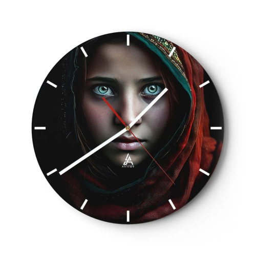 Orologio da parete - Orologio in Vetro - Ritratto di una ragazza con una sciarpa rossa e uno sguardo intenso - 30x30cm - Principessa d'oriente - Decorazione murale moderna per soggiorno, cucina e camera da letto ARTTOR