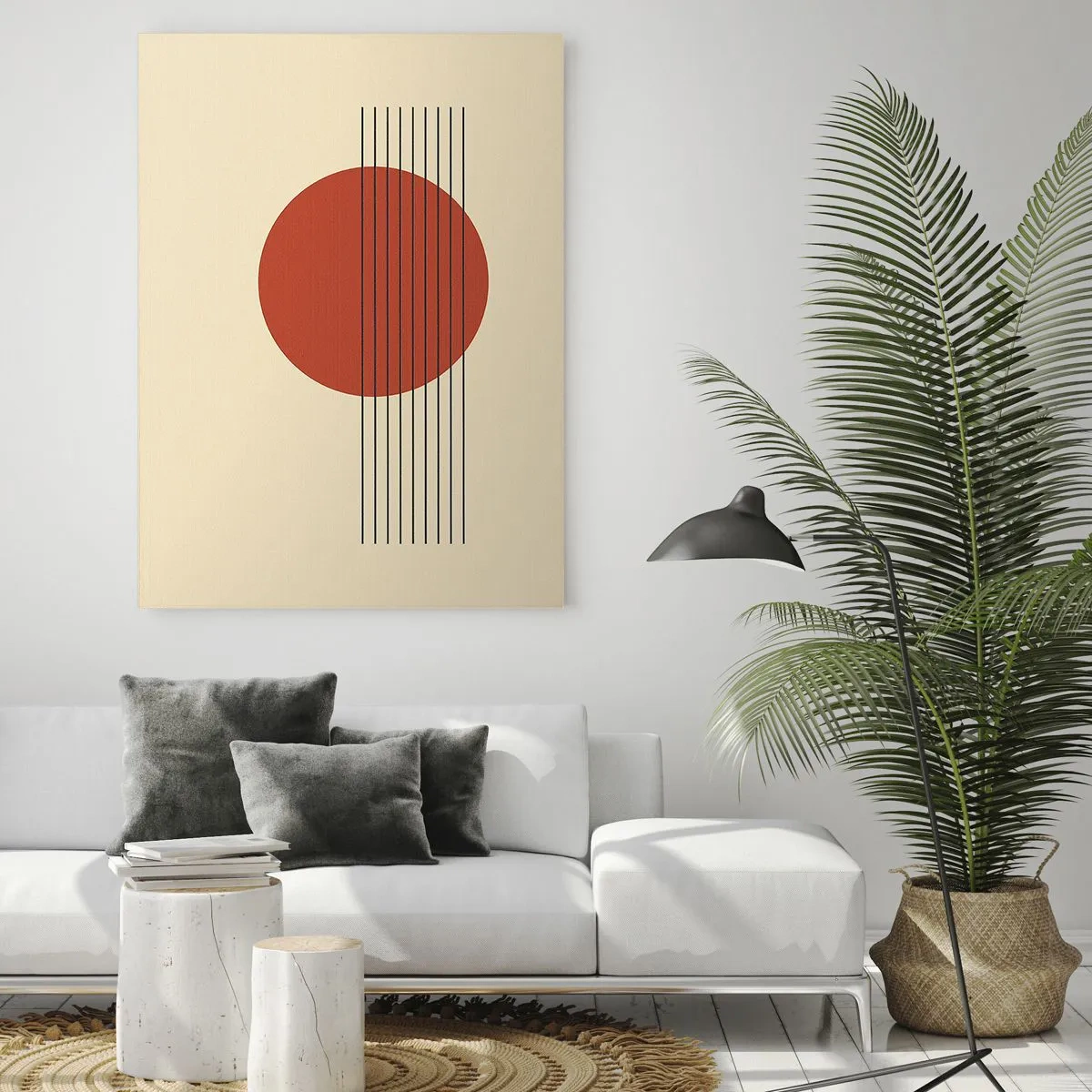 Quadro su vetro - Cerchio rosso astratto con linee su sfondo beige. - 80x120cm - Nel cerchio e oltre - Decorazione murale moderna per soggiorno e camera da letto ARTTOR