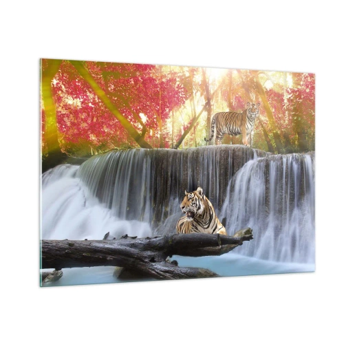 Quadro su vetro - Tigri contro una cascata e uno scenario autunnale - 100x70cm - Paesaggio surreale - Decorazione murale moderna per soggiorno e camera da letto ARTTOR