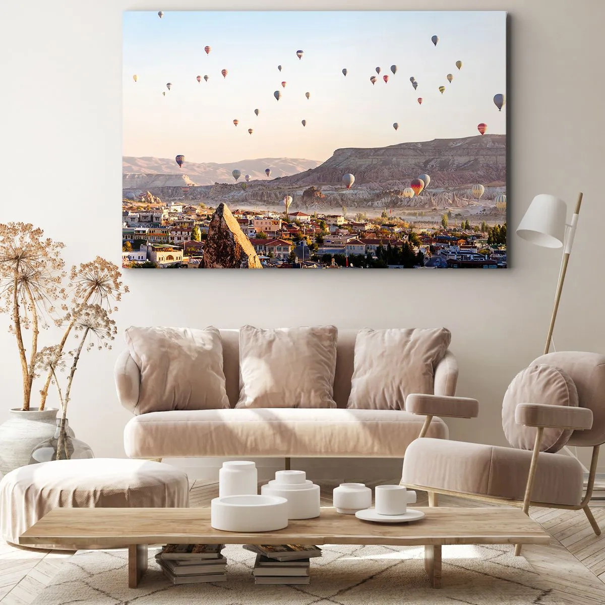 Quadro su tela - Stampe su Tela - Cappadocia con mongolfiere sullo sfondo di pittoresche colline - 100x70cm - Come navi nel cielo - Decorazione murale moderna per soggiorno e camera da letto ARTTOR
