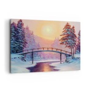 Quadro su tela - Stampe su Tela - Paesaggio invernale con un ponte illuminato dal tramonto - 120x80cm - Quattro stagioni: inverno - Decorazione murale moderna per soggiorno e camera da letto ARTTOR