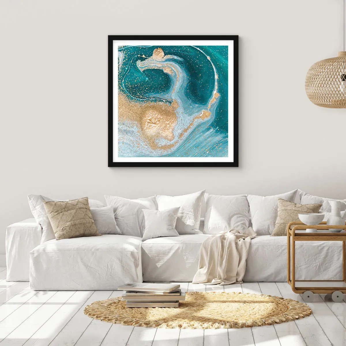 Poster in cornice nera - Vortice di oro e turchese - 30x30 cm