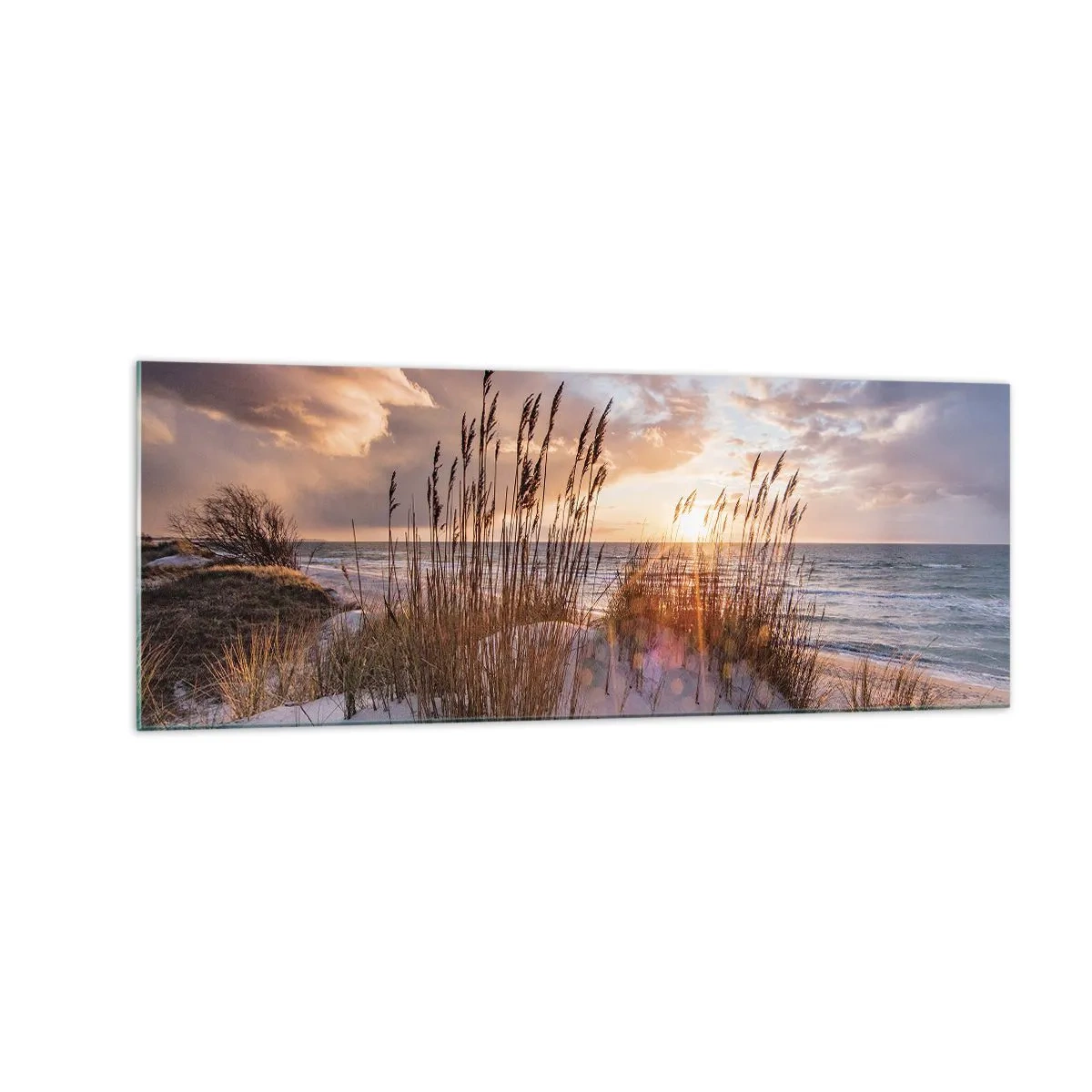 Quadro su vetro - Dune con erba sullo sfondo del sole al tramonto - 140x50cm - L'addio al sole e al vento - Decorazione murale moderna per soggiorno e camera da letto ARTTOR