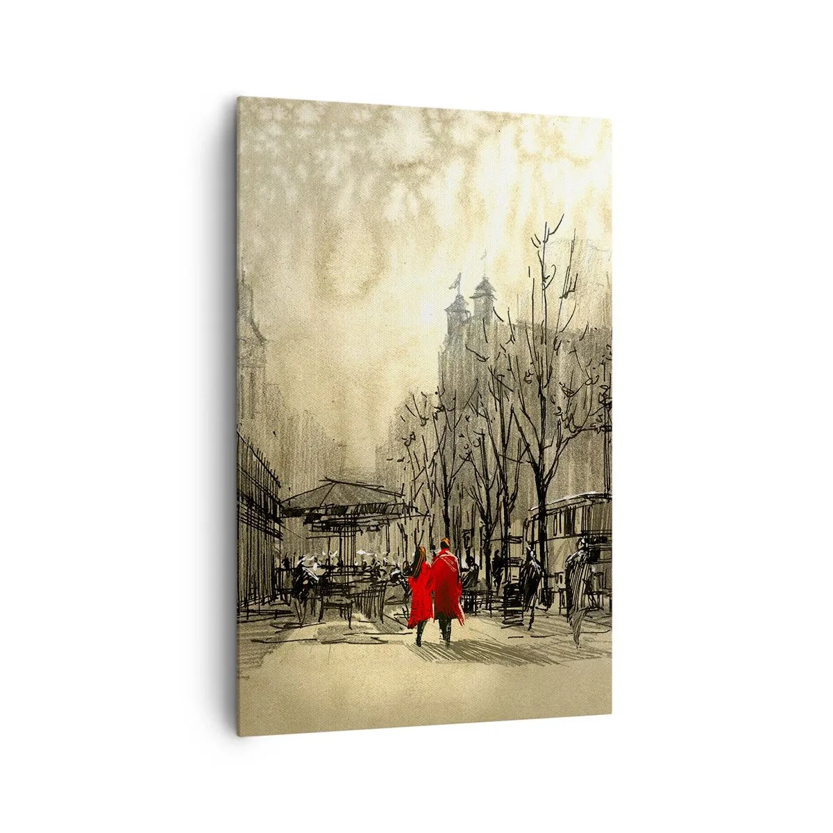 Quadro su tela - Stampe su Tela - Una figura rossa in un nostalgico contesto urbano - 80x120cm - Appuntamento nella nebbia di Londra  - Decorazione murale moderna per soggiorno e camera da letto ARTTOR