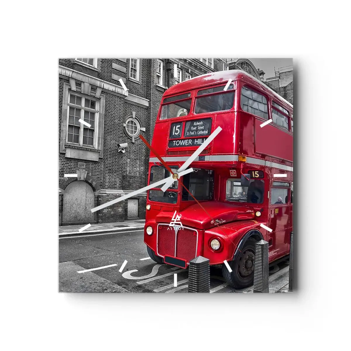 Orologio da parete - Orologio in Vetro - Un autobus rosso a due piani a Londra sullo sfondo di un'architettura classica - 30x30cm - Sempre lo stesso - Decorazione murale moderna per soggiorno e camera da letto ARTTOR