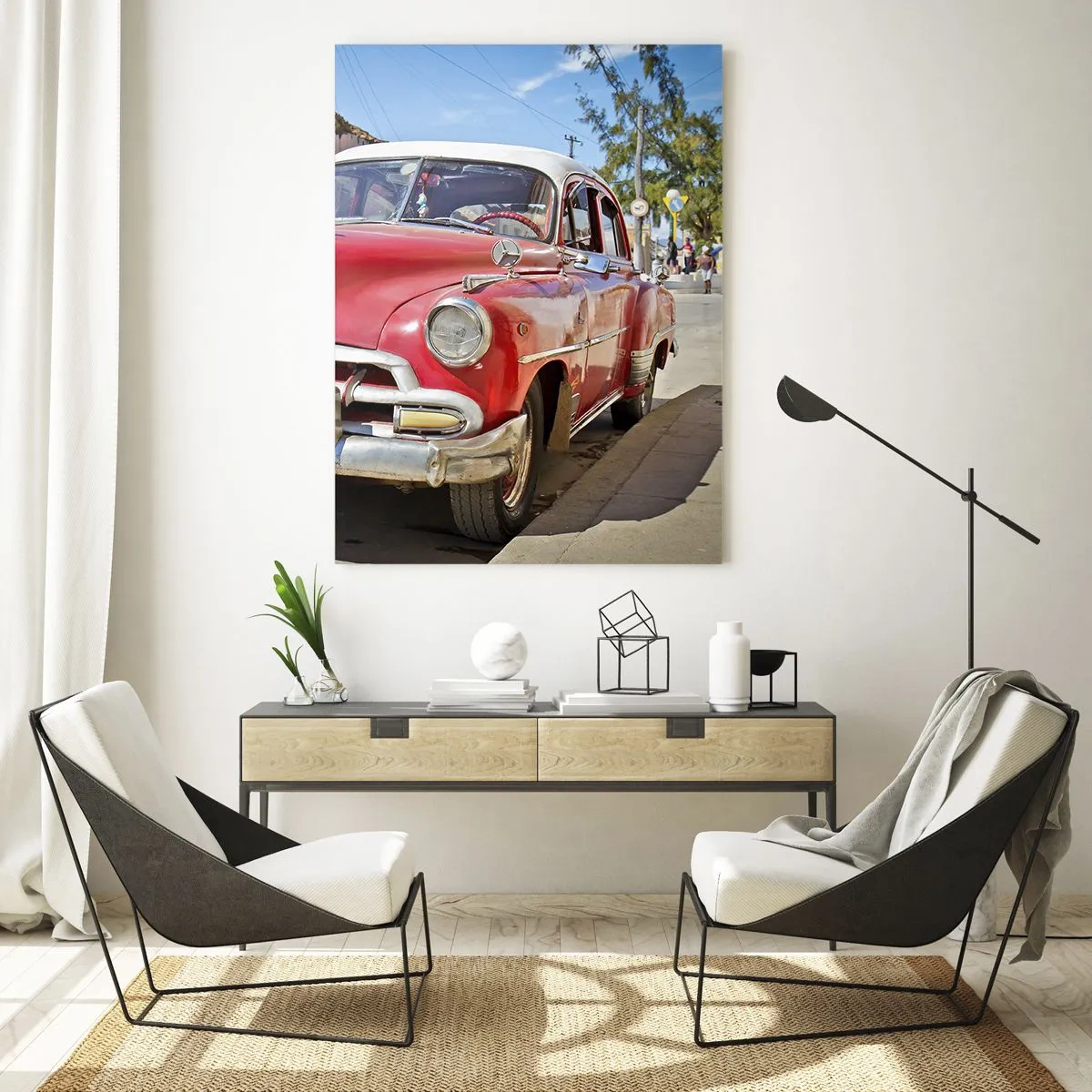 Quadro su vetro - Auto d'epoca rossa su una strada cittadina - 50x70cm - Ancora solamente a Cuba - Decorazione murale moderna per soggiorno e camera da letto ARTTOR