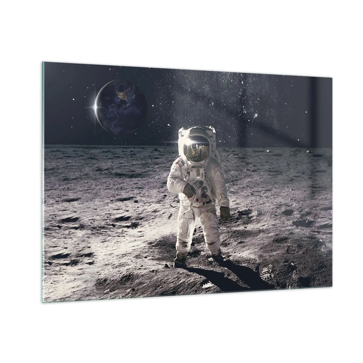 Quadro su vetro - Astronauta sulla superficie della Luna con la Terra sullo sfondo - 100x70cm - Saluti dalla luna - Decorazione murale moderna per soggiorno e camera da letto ARTTOR