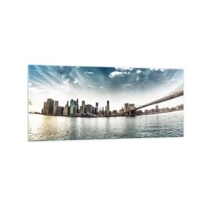Quadro su vetro - Panorama della città con un ponte contro il cielo blu - 120x50cm - L'isola di vetro - Decorazione murale moderna per soggiorno e camera da letto ARTTOR