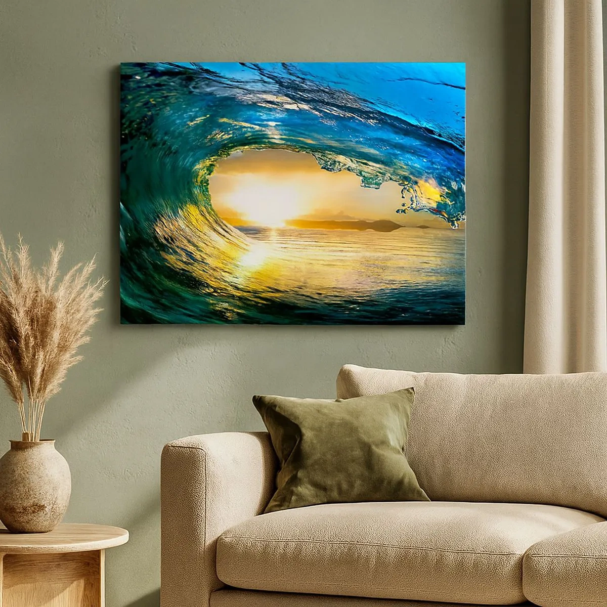 Quadro su tela - Stampe su Tela - Onda dell'oceano al sole con vista sull'orizzonte - 70x50cm - Nel cristallo oro e smeraldo - Decorazione murale moderna per soggiorno e camera da letto ARTTOR