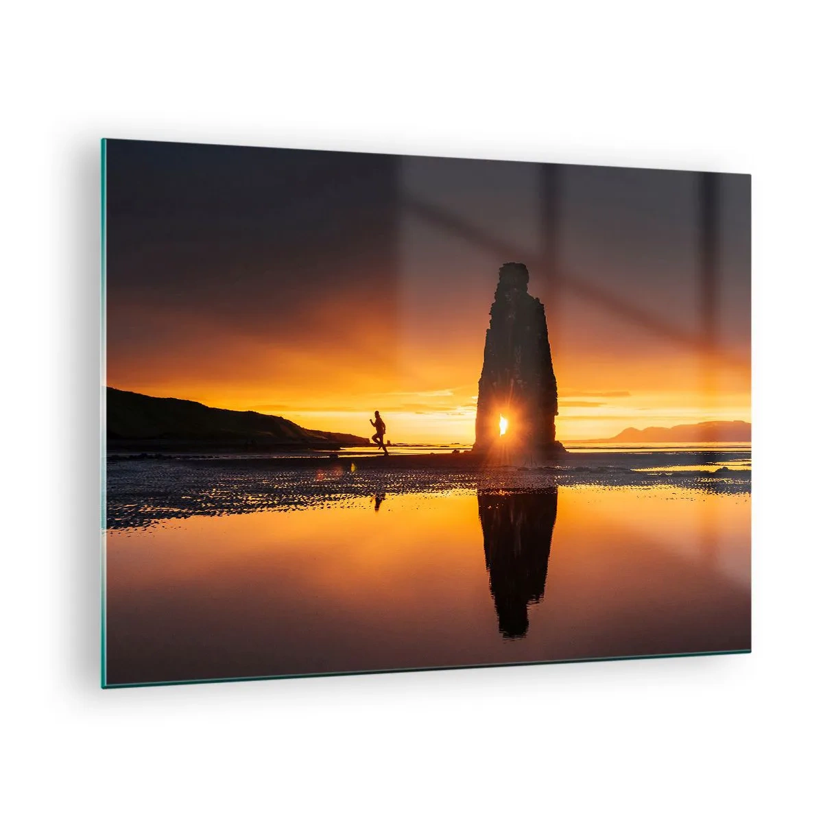 Quadro su vetro - Tramonto con una sagoma umana e una formazione rocciosa - 70x50cm - Solo tu e la natura - Decorazione murale moderna per soggiorno e camera da letto ARTTOR