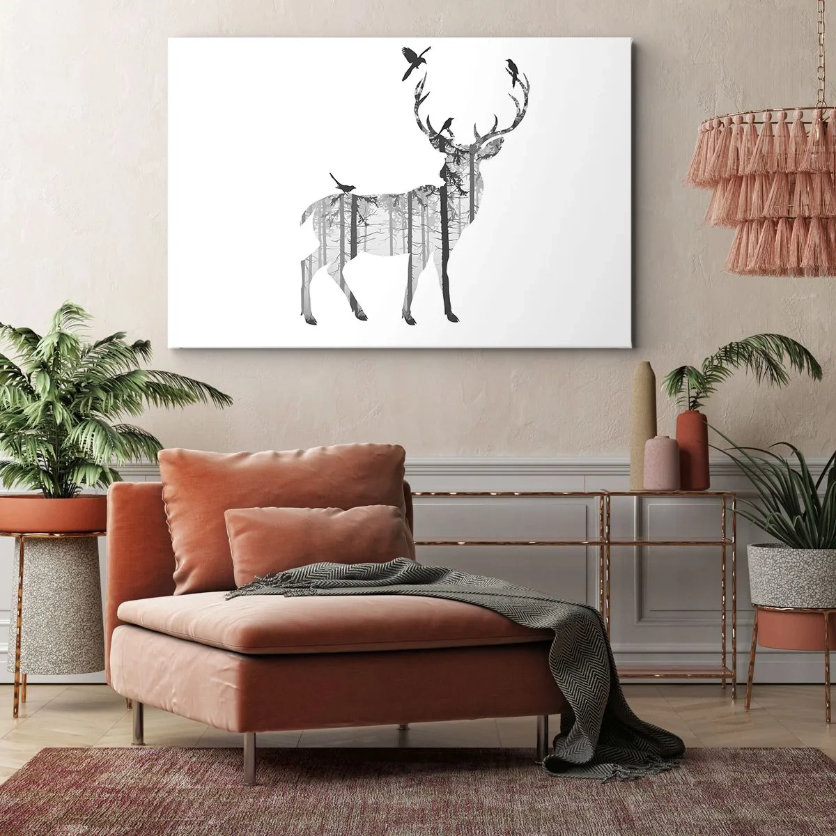 Quadro su tela - Stampe su Tela - Silhouette di un cervo con foresta e uccelli - 120x80cm - Lo spirito buono del bosco - Decorazione murale moderna per soggiorno e camera da letto ARTTOR