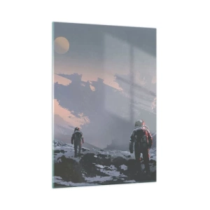 Quadro su vetro - Astronauti su un pianeta alieno con un relitto sullo sfondo - 50x70cm - Sotto una stella sconosciuta - Decorazione murale moderna per soggiorno e camera da letto ARTTOR