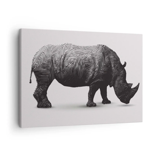 Quadro su tela - Stampe su Tela - Silhouette grafica di un rinoceronte in un motivo bianco e nero - 70x50cm - La bellezza geometrica della natura - Decorazione murale moderna per soggiorno e camera da letto ARTTOR