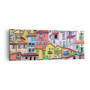 Quadro su tela - Stampe su Tela - Case popolari colorate in uno stile vivace e allegro - 140x50cm - Città allegra - Decorazione murale moderna per soggiorno e camera da letto ARTTOR