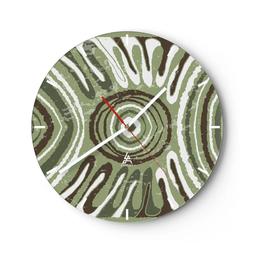 Orologio da parete - Orologio in Vetro - Composizione simmetrica verde e marrone con motivi concentrici - 30x30cm - Esplosione di emozioni - Decorazione murale moderna per soggiorno, cucina e camera da letto ARTTOR