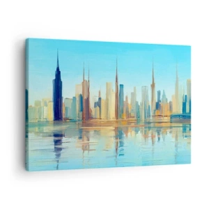 Quadro su tela - Stampe su Tela - Un panorama della città dai colori caldi con riflessi nell'acqua - 70x50cm - Metropoli assolata - Decorazione murale moderna per soggiorno e camera da letto ARTTOR