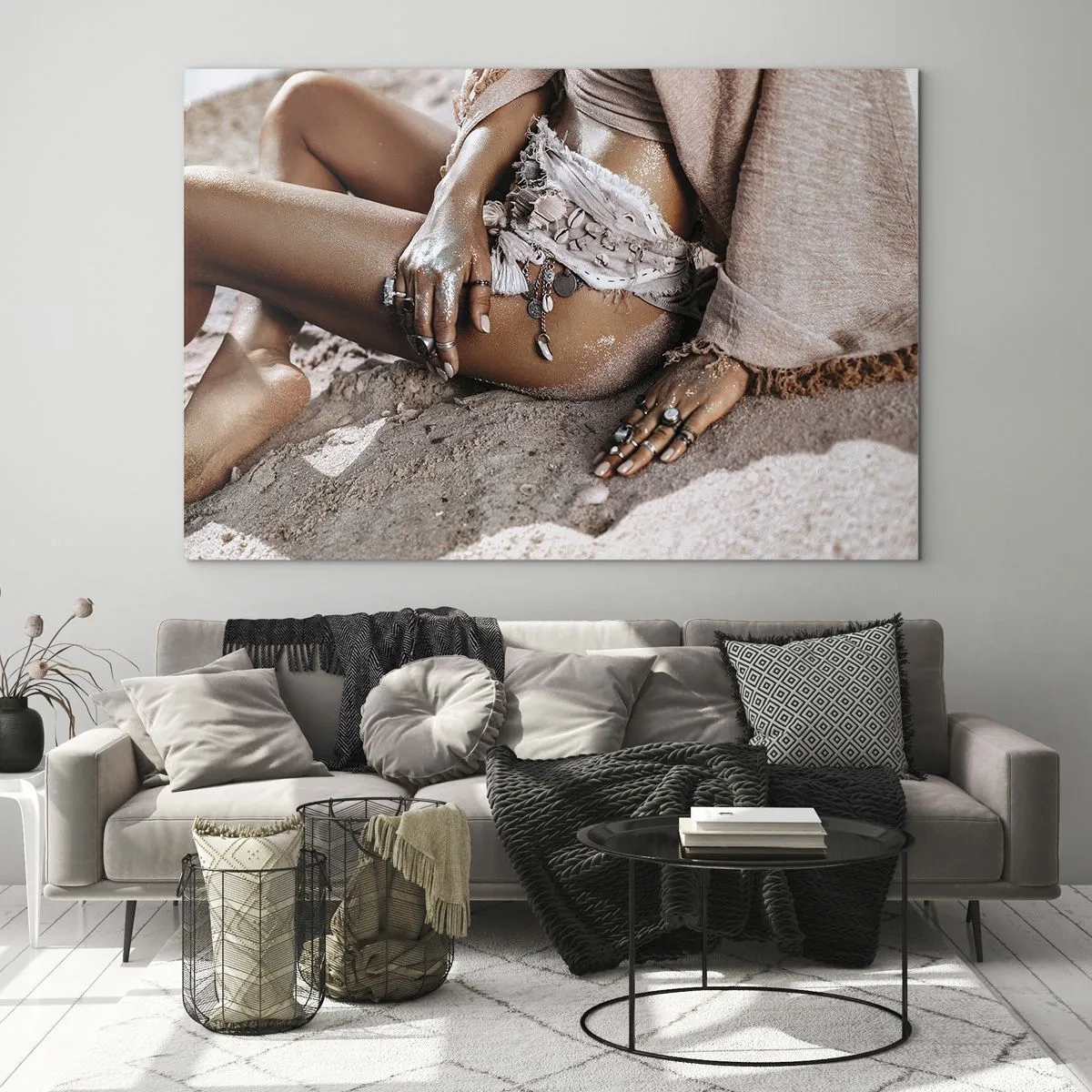 Quadro su vetro - Silhouette femminile su una spiaggia sabbiosa - 100x70cm - Gettata dalle onde? - Decorazione murale moderna per soggiorno e camera da letto ARTTOR