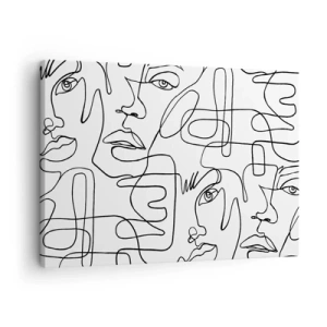 Quadro su tela - Stampe su Tela - Un disegno minimalista di un viso con linee su uno sfondo chiaro. - 70x50cm - Emozioni intrecciate - Decorazione murale moderna per soggiorno e camera da letto ARTTOR