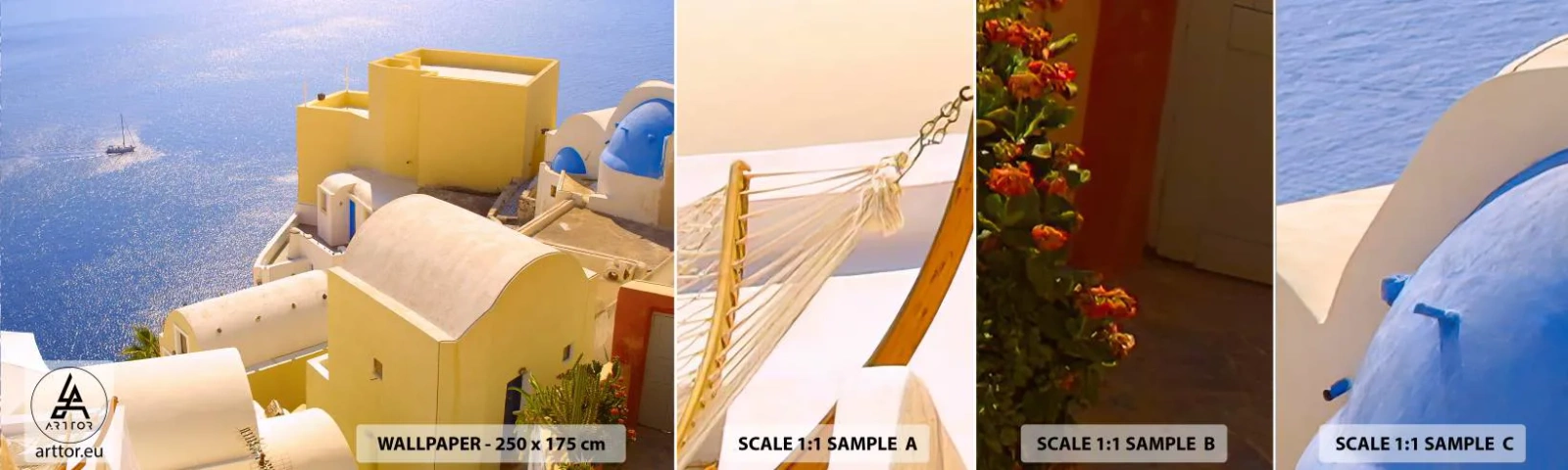 Campione Di Fotomurale Standard Eco - Paesaggio greco in bianco e blu - Paesaggio, Santorini, Grecia - 100x30 cm