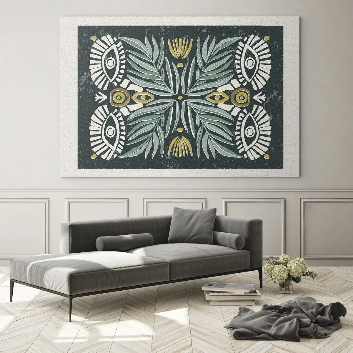 Quadro su vetro - Una composizione simmetrica di foglie e motivi in stile folk - 100x70cm - Geometrie di arte popolare - Decorazione murale moderna per soggiorno e camera da letto ARTTOR