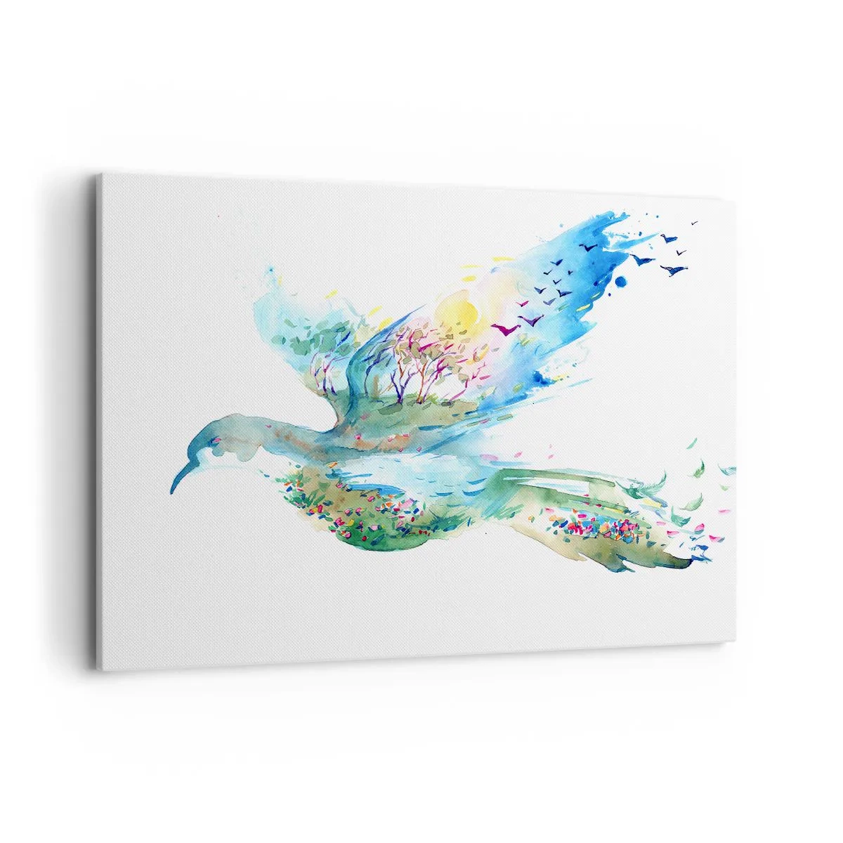 Quadro su tela - Stampe su Tela - Composizione ad acquerello di un uccello con elementi della natura - 100x70cm - Sulle ali della natura - Decorazione murale moderna per soggiorno e camera da letto ARTTOR
