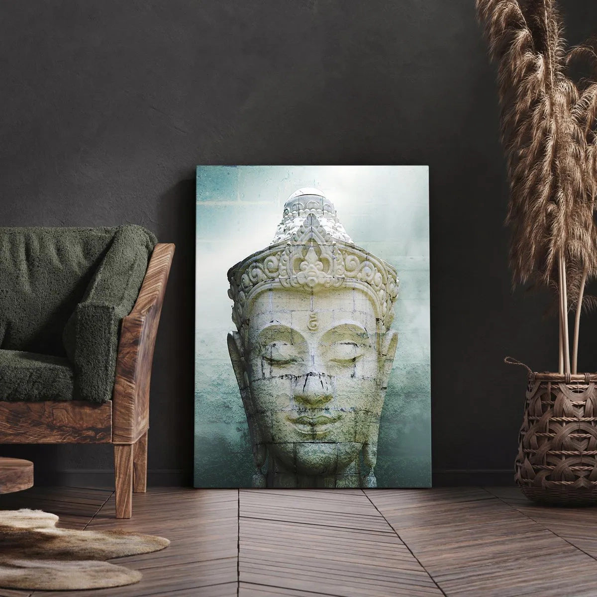 Quadro su tela - Stampe su Tela - Statua del Buddha con una leggera nebbia su uno sfondo verde - 80x120cm - Cercando la luce - Decorazione murale moderna per soggiorno e camera da letto ARTTOR