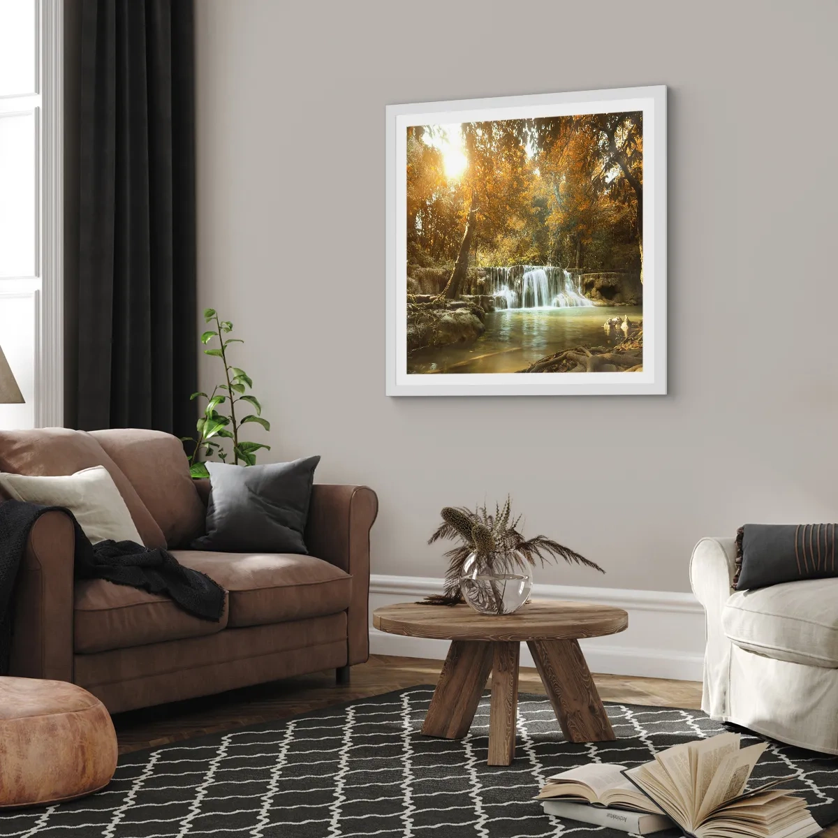 Poster in cornice bianca - Cascata nel parco - 30x30 cm