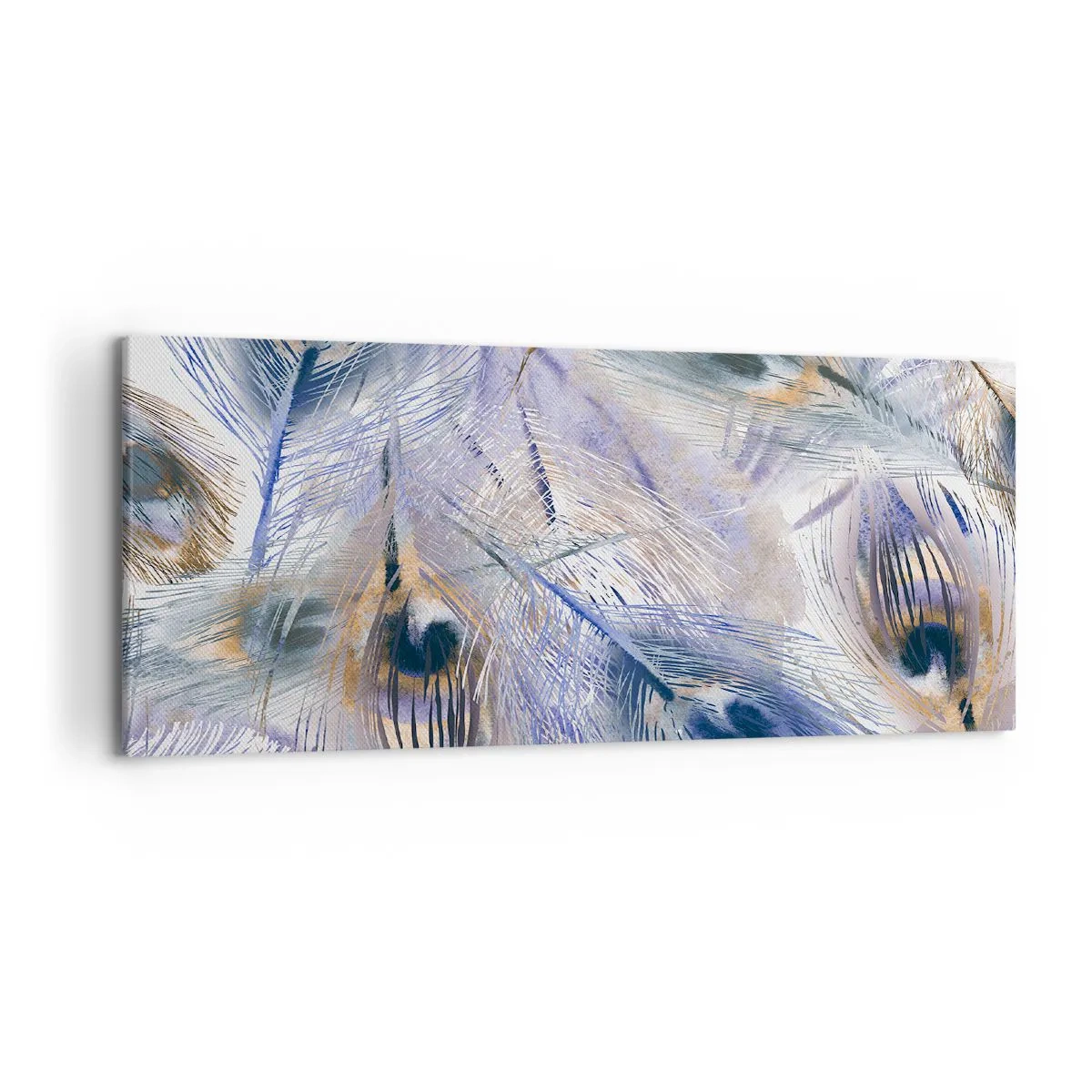 Quadro su tela - Stampe su Tela - Un motivo con piume di pavone nei toni del blu e dell'oro - 120x50cm - Composizione a occhio di pavone - Decorazione murale moderna per soggiorno e camera da letto ARTTOR
