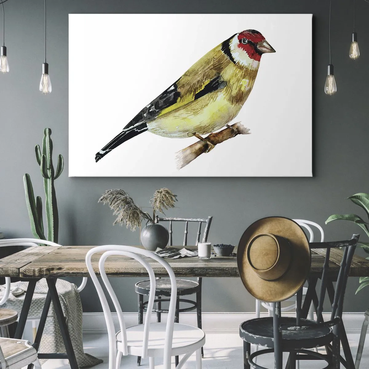 Quadro su tela - Stampe su Tela - Un uccello con la testa rossa su un ramo - 70x50cm - Ritratto di uccello - Decorazione murale moderna per soggiorno e camera da letto ARTTOR
