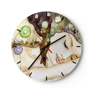 Orologio da parete - Orologio in Vetro - Dipinto ad acquerello astratto con motivo di volto femminile - 30x30cm - Sogno smeraldo e viola - Decorazione murale moderna per soggiorno, cucina e camera da letto ARTTOR