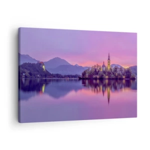 Quadro su tela - Stampe su Tela - Lago con un'isola e una chiesa al tramonto - 70x50cm - Isola favolosa al crepuscolo - Decorazione murale moderna per soggiorno e camera da letto ARTTOR