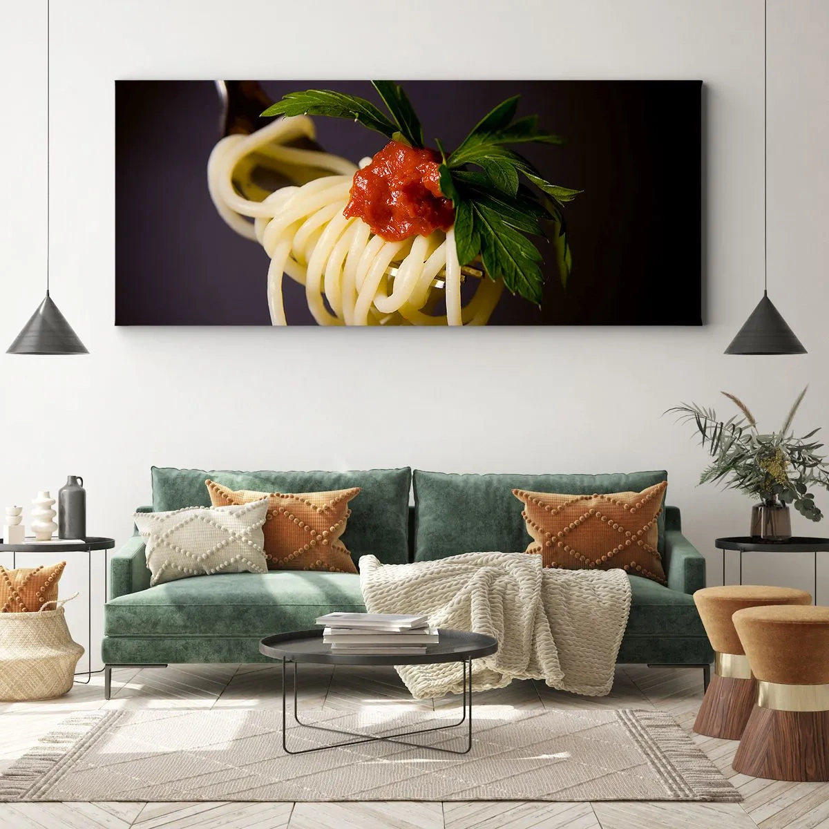 Quadro su tela - Stampe su Tela - Spaghetti alla forchetta con salsa di pomodoro e prezzemolo - 120x50cm - Un boccone delizioso - Decorazione murale moderna per soggiorno e camera da letto ARTTOR
