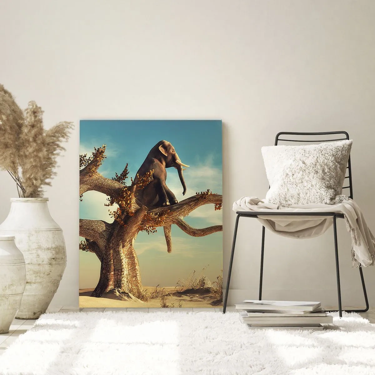 Quadro su vetro - Un elefante seduto su un albero in un paesaggio surreale - 70x100cm - Nuovo punto di vista - Decorazione murale moderna per soggiorno e camera da letto ARTTOR