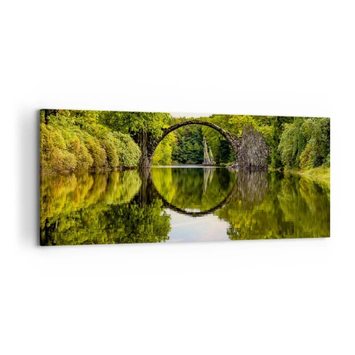 Quadro su tela - Stampe su Tela - Un ponte di pietra sopra un fiume con un riflesso perfetto nell'acqua - 120x50cm - All'incontro di due mondi - Decorazione murale moderna per soggiorno e camera da letto ARTTOR