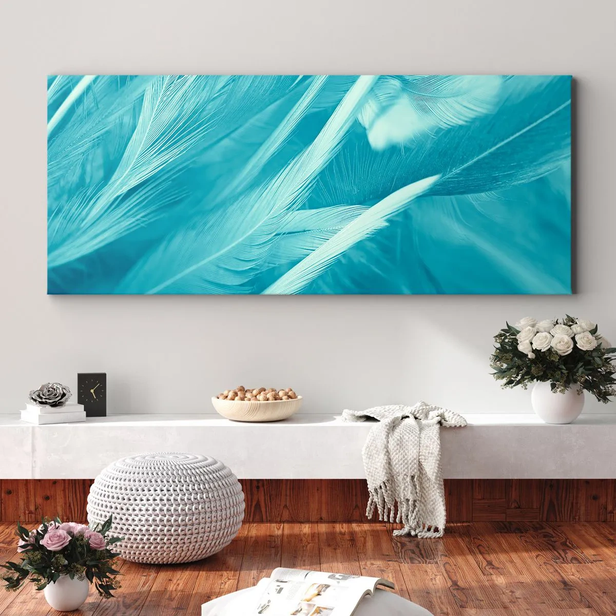 Quadro su tela - Stampe su Tela - Delicate piume turchesi in primo piano - 160x50cm - Annegare nel morbido - Decorazione murale moderna per soggiorno e camera da letto ARTTOR