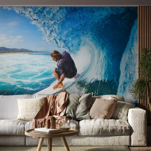 Fotomurali Premium Canvas - Un surfista in posa dinamica su un'onda in acqua turchese. - 100x70cm - Ballando con le onde - Decorazione murale moderna per soggiorno e camera da letto ARTTOR