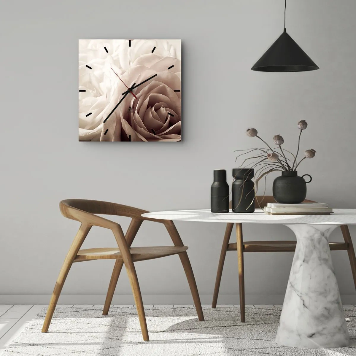 Orologio da parete - Orologio in Vetro - Delicate rose in tonalità pastello del beige - 30x30cm - Nel cuore della rosa - Decorazione murale moderna per soggiorno e camera da letto ARTTOR