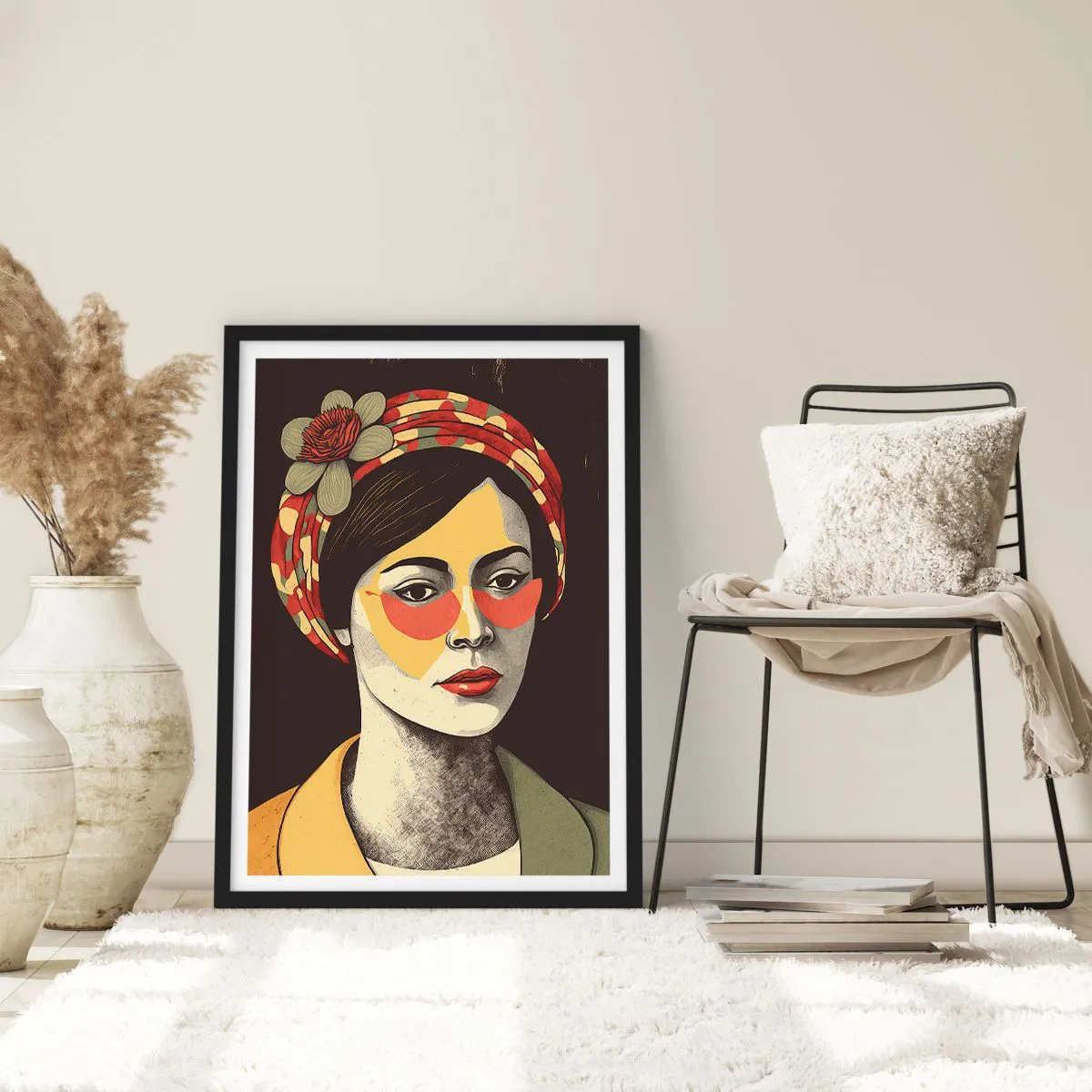 Poster in cornice nera - Ritratto stilizzato di una donna con turbante e accenti floreali - 50x70cm - Dama di corallo - Decorazione murale moderna per soggiorno e camera da letto ARTTOR