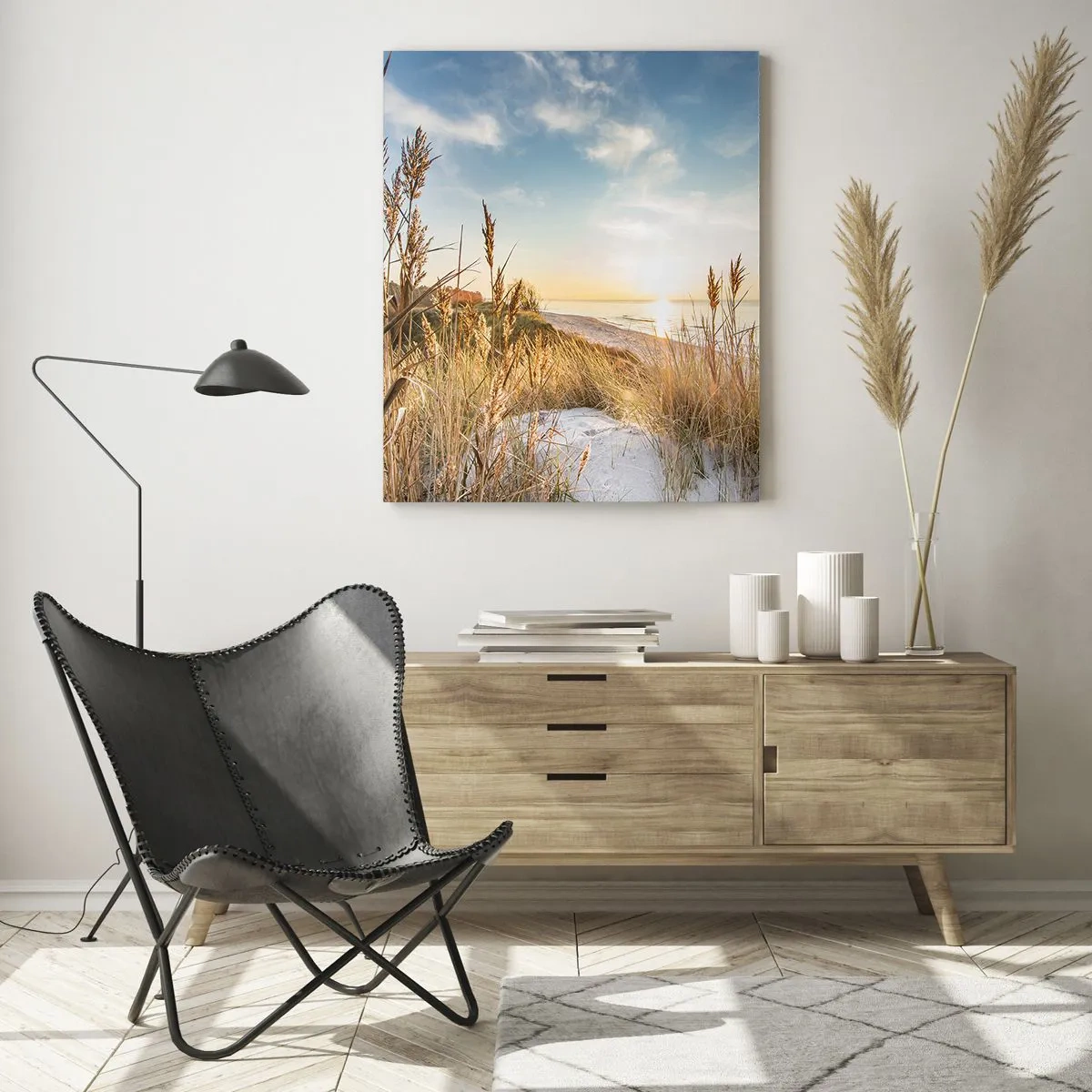 Quadro su vetro - Tramonto su una spiaggia con dune ricoperte d'erba - 50x70cm - Spiaggia del nord - Decorazione murale moderna per soggiorno e camera da letto ARTTOR