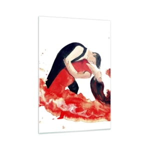 Quadro su vetro - Un dinamico dipinto ad acquerello raffigurante una coppia che balla nei toni del rosso. - 70x100cm - Tango: un'onda di passione - Decorazione murale moderna per soggiorno e camera da letto ARTTOR